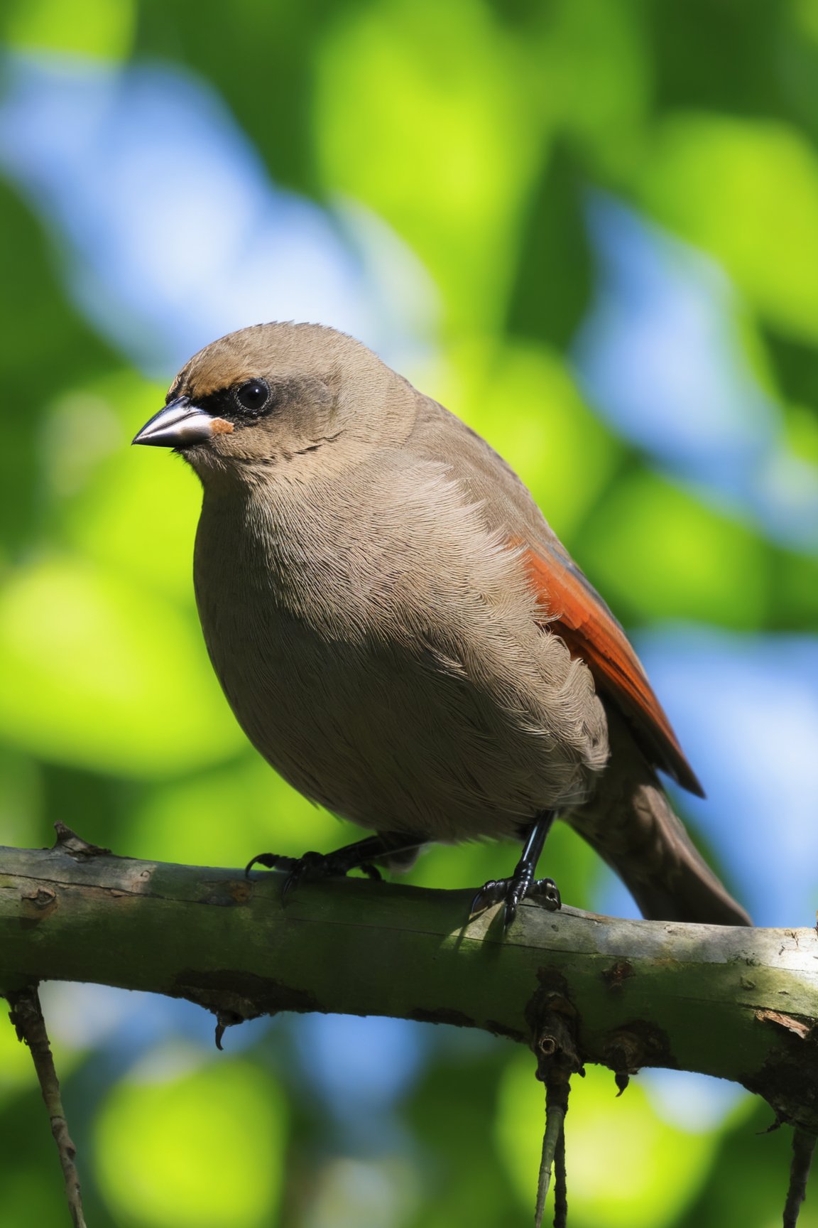 (Documentary photograph:1.3) of a Grayish Baywing. BREAK It's a cute bird about 7 inches long,  with (brownish-gray plumage:1.3),  (the wings feathers have a reddish-brown tone:1.4). The region between the eyes and nostrils is black,  it has black eyes,  black legs,  (short and stubby black beak:1.4). BREAK (full body shot:1.2),  perched on a tree branch,  under direct sunlight,  creative shadow play,  from above,  bokeh,  BREAK (shot on Canon EOS 5D:1.4),  Fujicolor Pro film,  in the style of Miko Lagerstedt/Liam Wong/Nan Goldin/Lee Friedlander,  BREAK (photorealistic:1.3),  vignette,  highest quality,  detailed and intricate,  original shot,  gbaywing,<lora:EMS-266723-EMS:1.000000>,<lora:EMS-47876-EMS:0.600000>