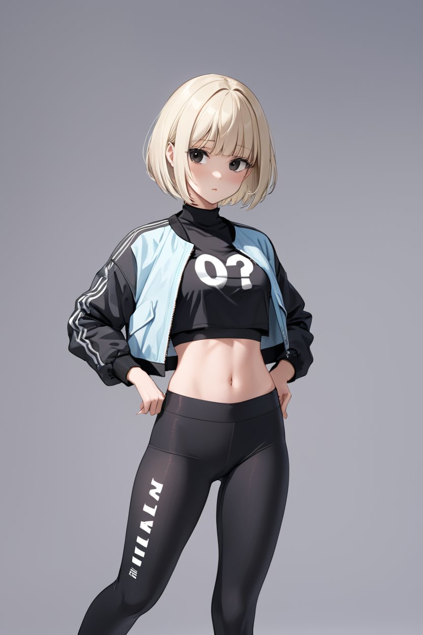 1lady,solo,leggings,cropped top,jacket,platinum blonde,bob cut,cowboy shot,black eyes,a hovering text '?',<lora:detail:0.6>