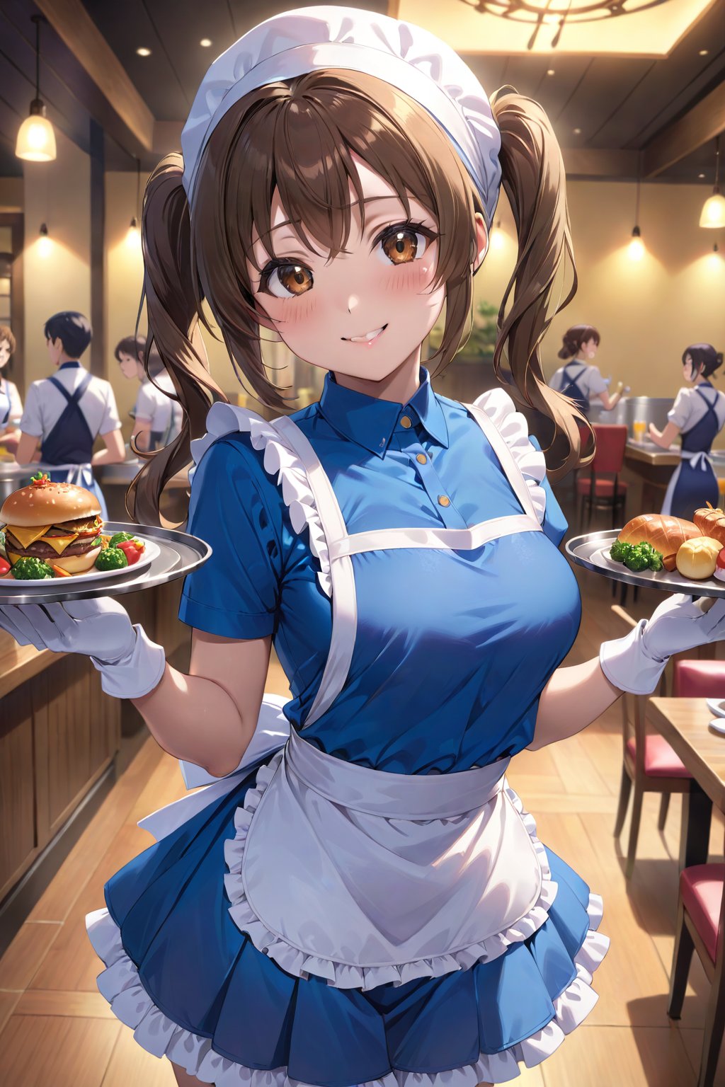 cowboy shot, sunohara shizuka, 1girl, sidelocks, brown eyes, twintails, smile, apron, blue shirt, blue skirt, frilled apron, frills, gloves, head scarf, shirt, short sleeves, skirt, uniform, waist apron, waitress, white apron, white gloves, food, tray, food tray, indoors, restaurant, looking at viewer, dutch angle, cowboy shot, vibrant lighting, high contrast, dramatic shadows, highly detailed, detailed skin, depth of field, masterpiece, best quality, expressive eyes, perfect face, perfect body, beautiful girl, cute girl,<lora:sunohara shizuka blue 3:1>