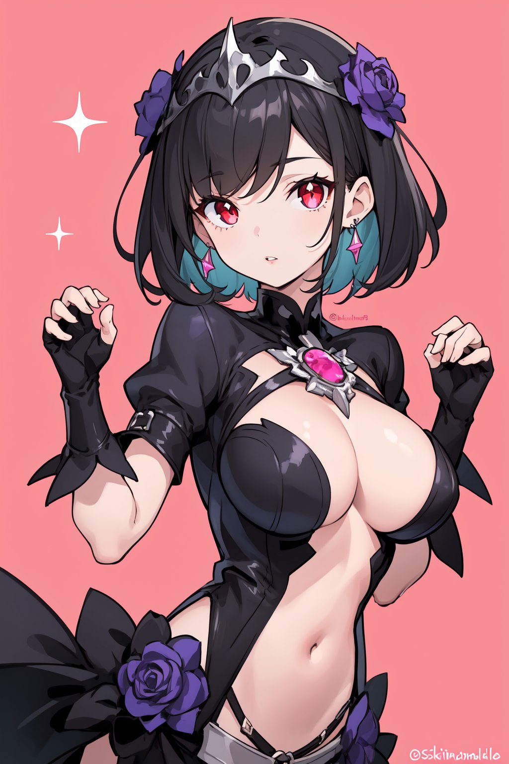 1girl, , alternate color, black gloves, black hair, breasts, chest jewel, dark persona, earrings, fingerless gloves, flower, gloves, headpiece, interlocked fingers, jewelry, large breasts, looking at viewer, parted lips, pink background, red eyes, short hair, simple background, skindentation, solo, sparkle, swept bangs, tiara, twitter username, 