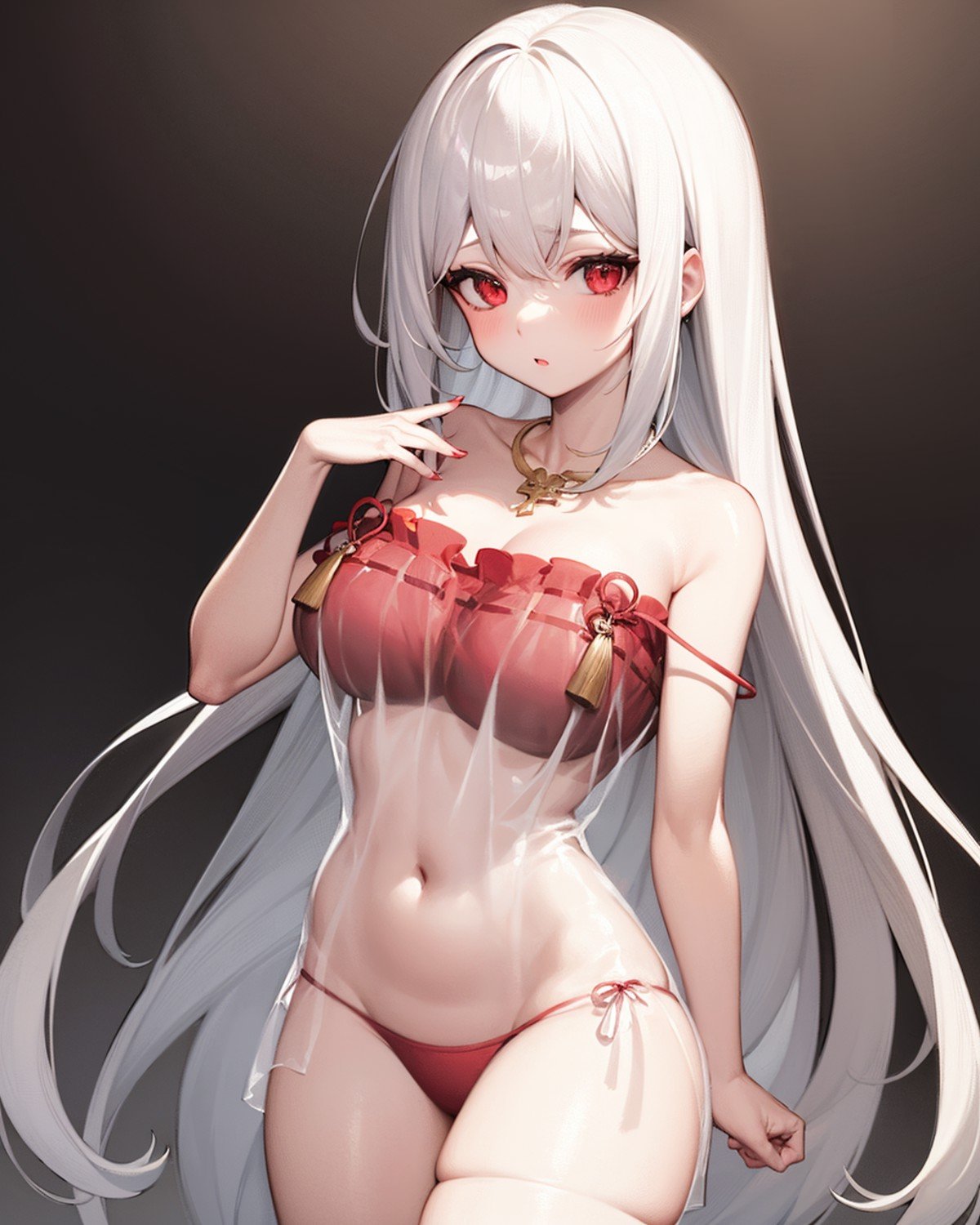 1girl, solo,, large breasts,  see-through dress,  blush, <lora:SeeThroughDressOfNagato:1>, very long hair, mature female,  white hair, red eyes, thighs, standing, red_underwear, hand on own chest, necklace, strapless, 