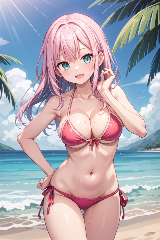 insanely detailed, absurdres, ultra-highres, ultra-detailed, best quality,1girl, solo, nice hands, perfect handsBREAK(pastel colored bikini:1.3)BREAKhappy smile, laugh, open mouth,standing, hand on own hip, tilt head, cowboy shotBREAKslender, kawaii, perfect symmetrical face, ultra cute girl, ultra cute face, ultra detailed eyes, ultra detailed hair, ultra cute, ultra beautifulBREAKat seashore, coast, beach, tropical, sky, blue oceanBREAK(medium large breasts, cleavage:1.3), wet shiny skin, sweat on bodyBREAK(pink medium long hair:1.2), emerald green eyes