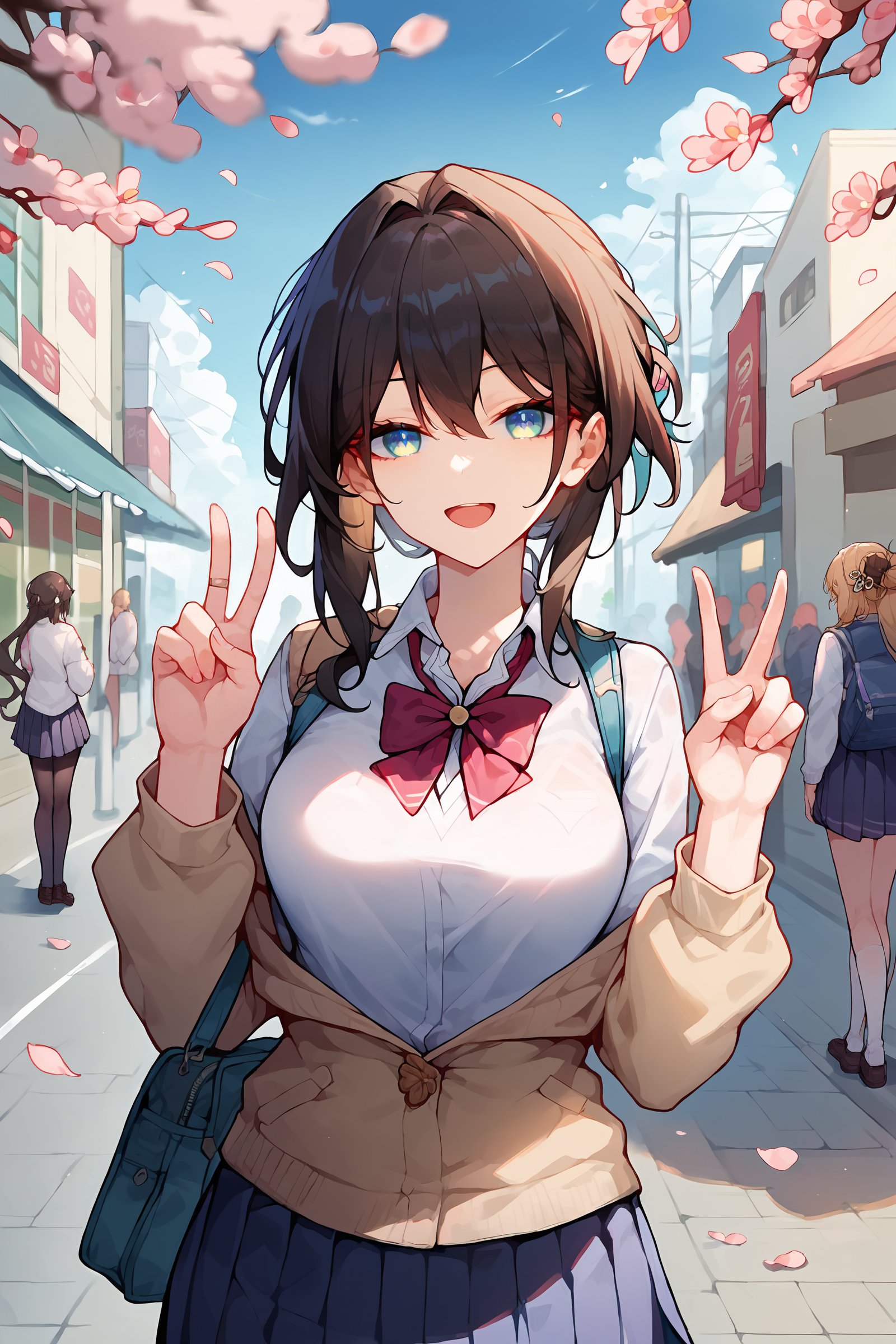 1girl, ruan mei \(honkai: star rail\), solo, school uniform, white shirt, sweater, pleated skirt, pantyhose, light smile, double v, looking at viewer, smile, open mouth, outdoors, street, cherry blossoms, petals, depth of field  <lora:Expressive_H:0.9>, <lora:Char-HonkaiSR-Ruanmei-Pony-V1:0.9>, score_9, score_8_up, score_7_up 