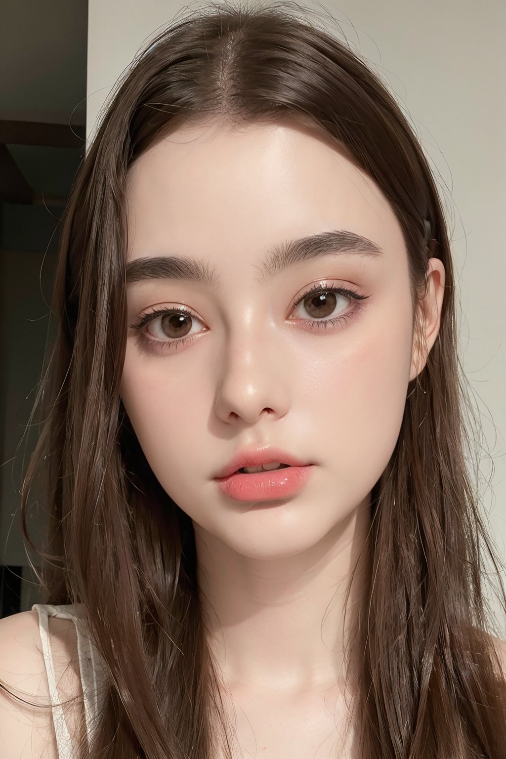 <lora:dashaTaran_v10:0.5>, <lora:InsgirlTara_v10:0.75>, 1girl, realistic, portrait, realistic humid skin, extremely detailed face, extremely detailed eyes, v-shaped slim face, kpop makeup, 8.5 heads figure, lips, long_hair, brown_eyes