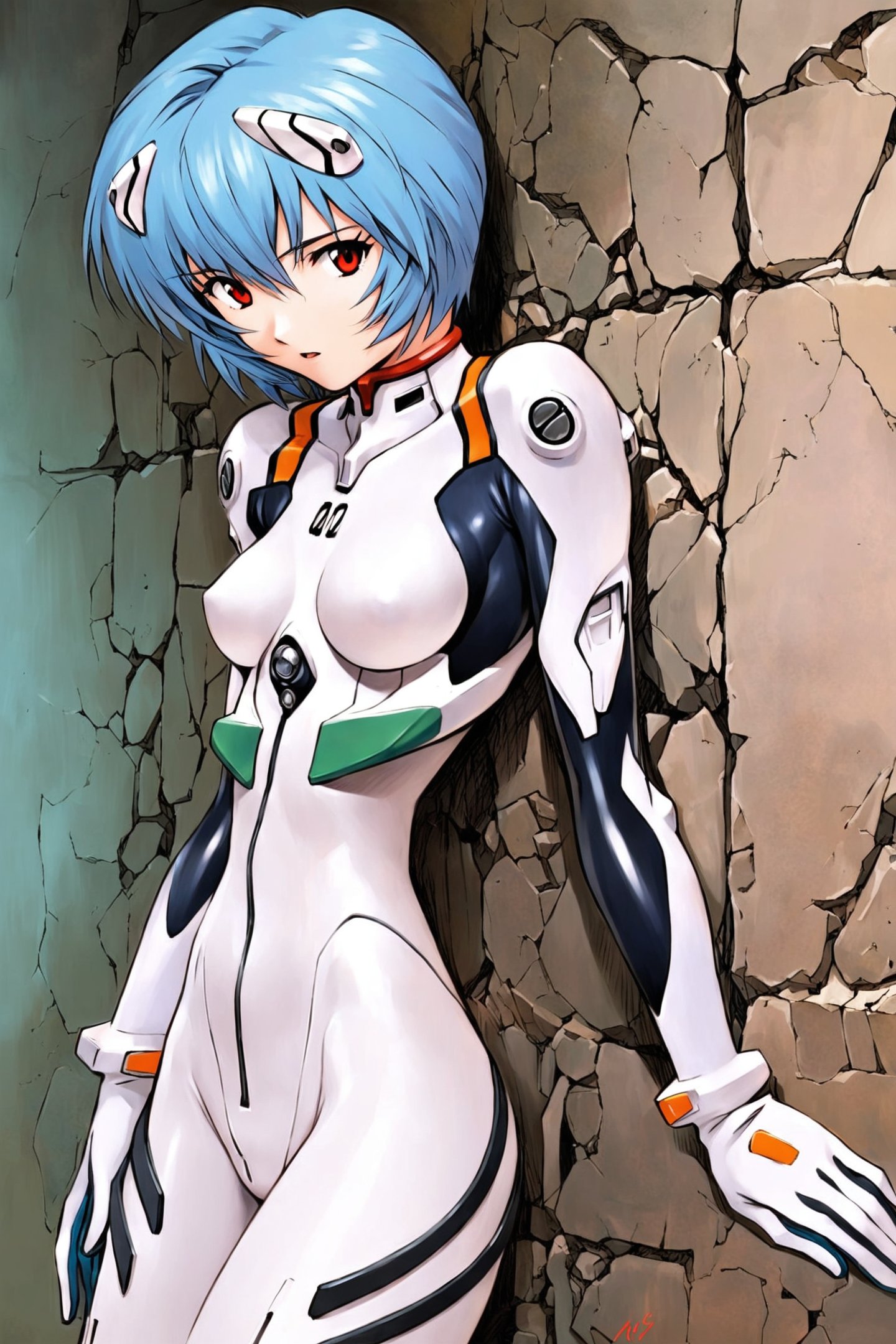 1girl,ayanami rei,plugsuit,solo,white bodysuit,red eyes,short hair,bodysuit,blue hair,against wall,interface headset,breasts,pilot suit,gloves,bangs,ruins,looking at viewer,small breasts,pale skin,bracer,<lora:Sadamoto Yoshiyuki_XL_kohaku:0.8>,