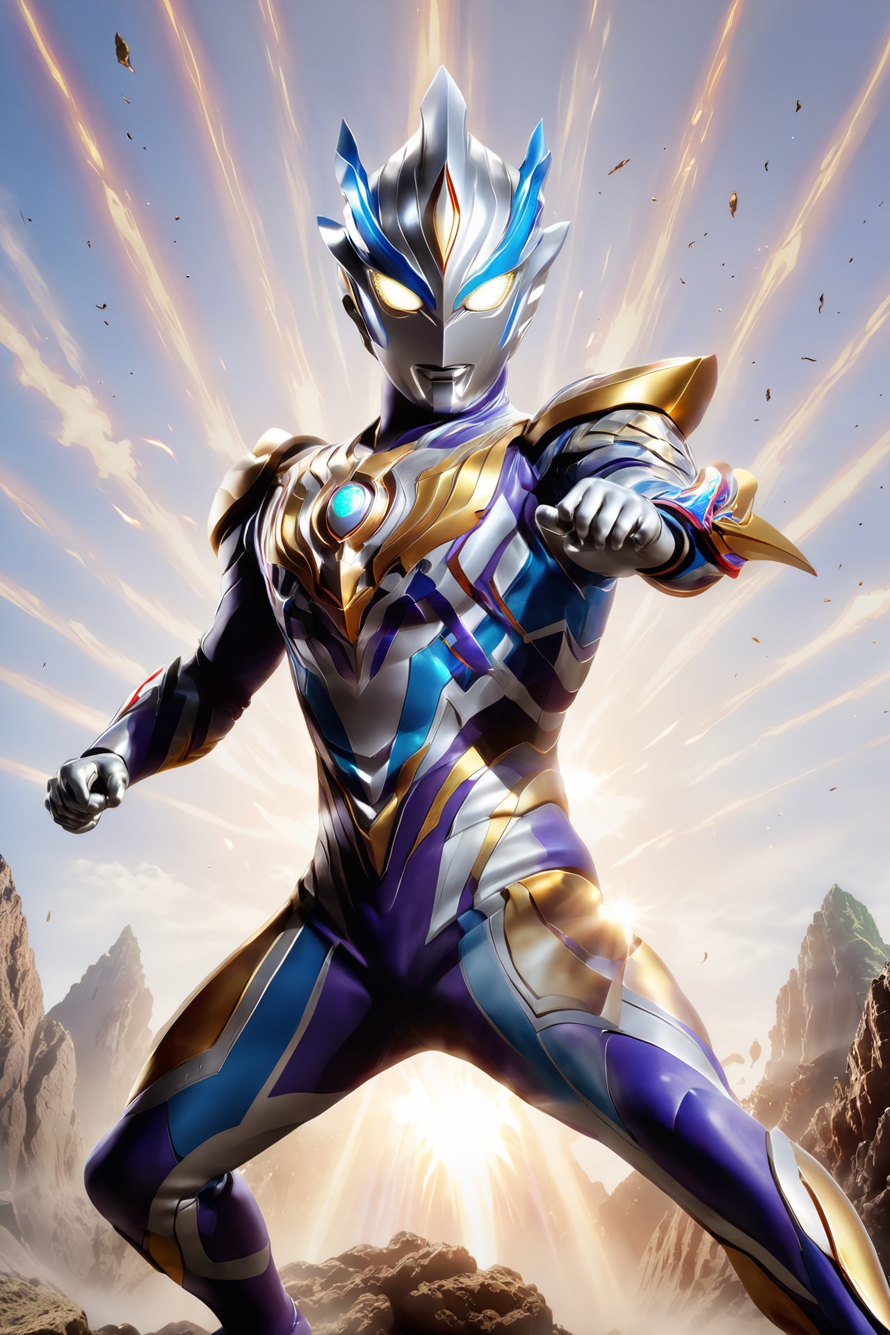 Ultraman, Cosmic Guardian, Light Bringer, Silver Stature, Bright Eyes, Superpowers, Light Beam Attack, Transforming Warrior, Evil Forces, Combative Challenges, Righteous Conviction, Unyielding Spirit.