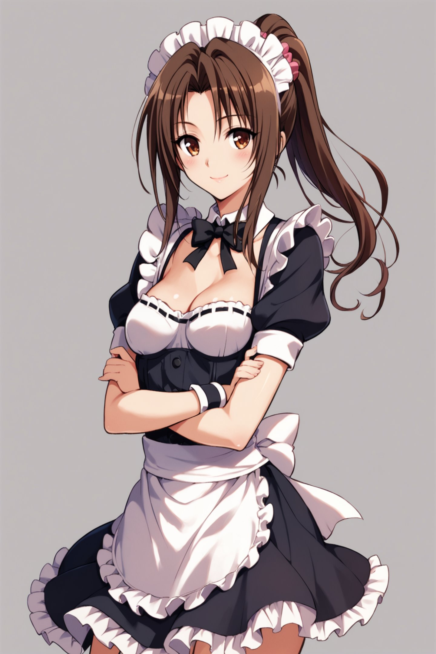 Kujou Rin,1girl,solo,breasts,long hair,brown hair,crossed arms,cleavage,smile,apron,maid,short sleeves,frills,brown eyes,grey background,looking at viewer,medium breasts,ponytail,maid headdress,ribbon,waist apron,cowboy shot,bow,wrist cuffs,simple background,white apron,blush,skirt,standing,black skirt,frilled skirt,frilled apron,closed mouth,bangs,black bow,detached collar,puffy sleeves,black ribbon,floating hair,shirt,puffy short sleeves,scrunchie,neck ribbon,hair intakes,sidelocks,bowtie,parted bangs,dress,score_9,score_8_up,<lora:Yabuki Kentarou_XL_PONY_V2:0.8>,