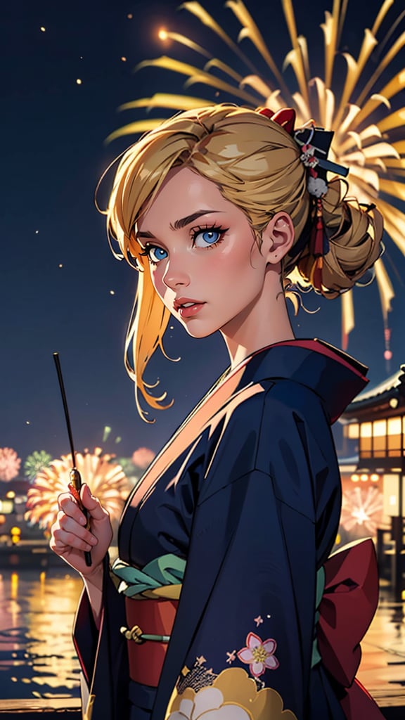 (best quality, masterpiece, colorful, dynamic angle, highest detailed) Realistic photo, fashion photography of a cute European girl with iridiscent blonde hair, flirting with POV, in traditional japanese gold&black kimono, ultra detailed kimono textures, perfect night, kyoto, fireworks, (intricate details, hyperdetailed:1.15), detailed, moonlight passing through hair, (official art, extreme detailed, highest detailed), HDR+