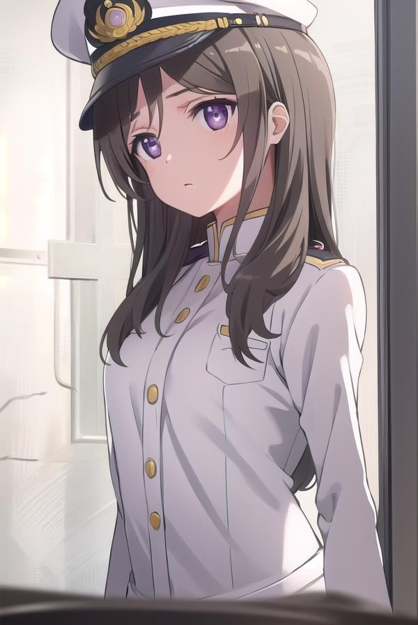 chinamoeka, <lora:china moeka s1-lora-nochekaiser:1>,china moeka, long hair, brown hair, (purple eyes:1.1),BREAK hair ornament, hat, hairclip, uniform, military, military uniform, peaked cap, naval uniform, (white uniform:1.5),BREAK outdoors, ship, navy,BREAK looking at viewer, (cowboy shot:1.5),BREAK <lyco:GoodHands-beta2:1>, (masterpiece:1.2), best quality, high resolution, unity 8k wallpaper, (illustration:0.8), (beautiful detailed eyes:1.6), extremely detailed face, perfect lighting, extremely detailed CG, (perfect hands, perfect anatomy),