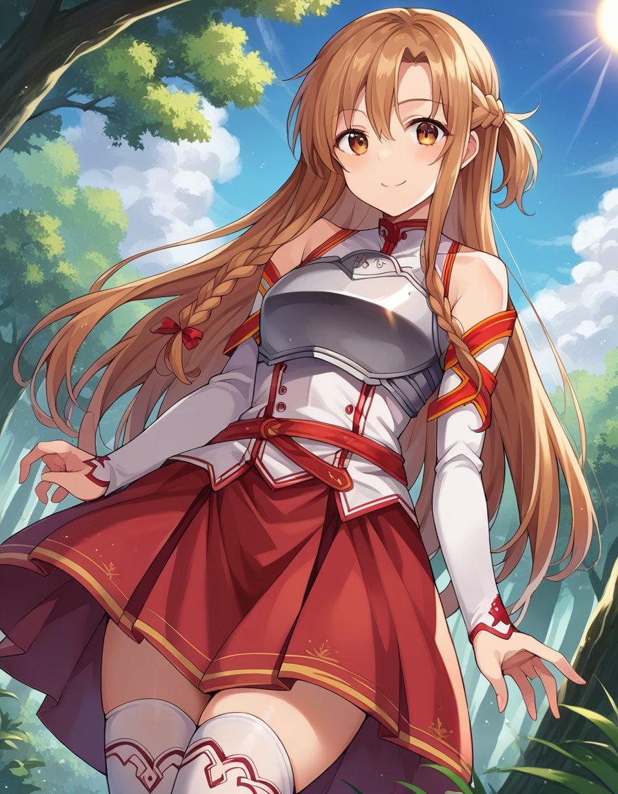 score_9, score_8_up, score_7_up, source_anime, asunayuuki, <lora:asuna-yuuki-ponyxl-lora-nochekaiser:1>, asuna yuuki, long hair, brown hair, brown eyes, braids, smile, skirt, thighhighs, bare shoulders, detached sleeves, armor, white thighhighs, breastplate, red skirt, outdoors, forest, nature, sky, sun, clouds, looking at viewer, cowboy shot, dutch angle, dynamic pose,