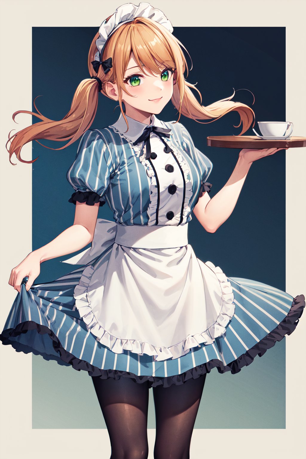 masterpiece, best quality, highres, 1girl, solo, blonde hair, low twintails, maid headdress, hair bow, green eyes, neck ribbon, frills, vertical stripes, blue dress, short sleeves, apron, black pantyhose, <lora:tsukishima_riho_v1:0.7>, standing, holding tray, cup, smile, cowboy shot,