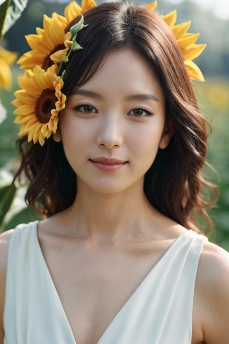 (mature body), (upper body:1.5), nikon RAW photo,8 k, Fujifilm XT3,masterpiece, best quality, realistic, photorealistic, ultra detailed, extremely detailed face, solo,1girl, standing, fashionable and trendy atmosphere, and a stylish expression on her face, close up, (narrow waist), white dress on field of sun flowers,