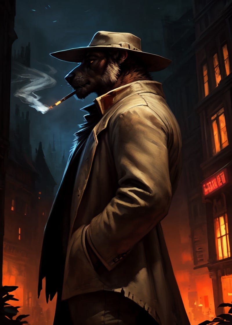 (by Nomax, by Honovy, by Scrawl, by Taran Fiddler, by Fabercastel, by Blotch),solo (darkest dungeon:1.25), (white jacket, white hat, white pants),(standing, side view, half-length portrait, looking away, smoking:1.25),BREAK,(night, new year, light, glowing, city, building, plant:1.25),detailed background, depth of field, shadow, ambient silhouette, backlighting,masterpiece, best quality, 4k, 2k, high detail, absurd res