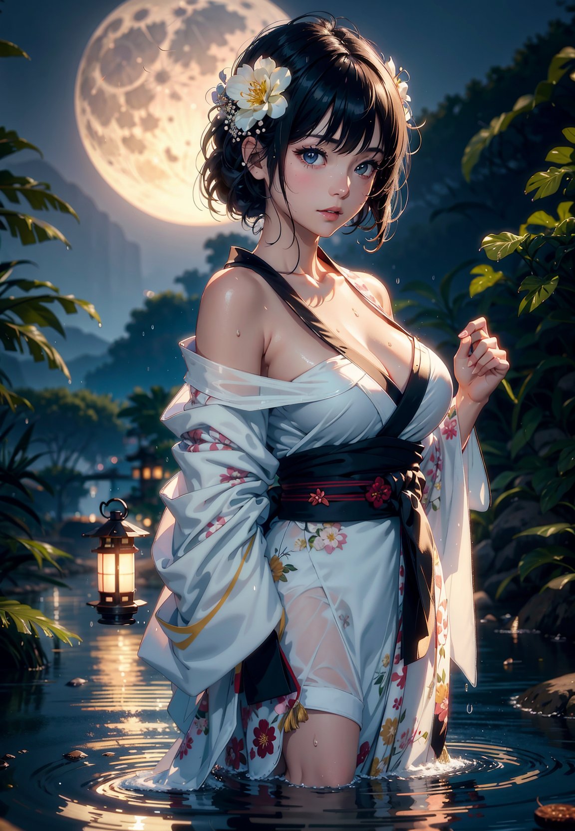 1girl, breasts, moon, lantern, night, solo, large breasts, hair ornament, wet, kimono, japanese clothes, wading, water, hair flower, flower, outdoors, sky, full moon, rain, black hair, off shoulder, mountain, cloud, holding, sash, bare shoulders, paper lantern, standing, white kimono, night sky, sideboob, obi, wet clothes, bangs, tree, from side, reflection, short hair, cloudy sky, wet hair (((masterpiece),(extremely detailed CG unity 8k wallpaper),best quality,,solo,1girl,cinematic lighting,detailed background,beautiful detailed eyes,bright pupils, (an extremely delicate and beautiful),(Beautiful and detailed eye description)， ultra-detailed,masterpiece,)),