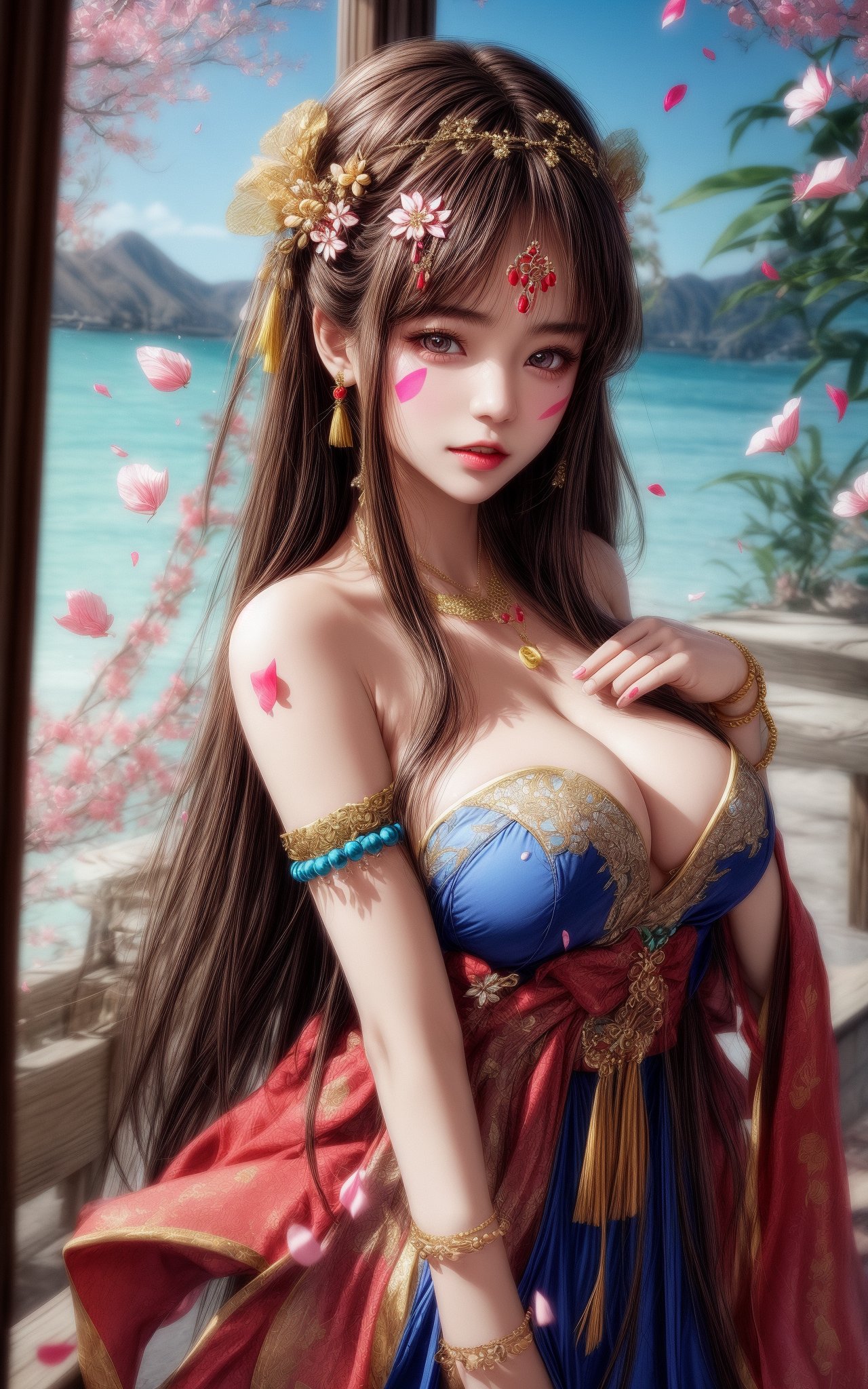 1girl,brown hair,hair ornament,upper body,solo,long hair,petals,breasts,facial mark,bare shoulders,dress,jewelry,bracelet,large breasts,looking at viewer,cleavage,brown eyes,holding,chinese clothes,