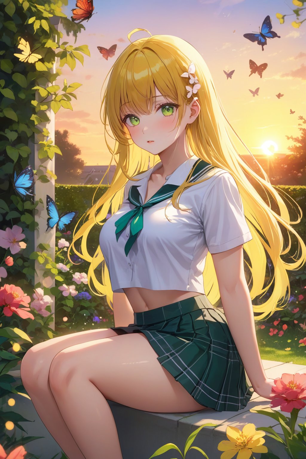 crop shirt, wearing sexy school outfit, masterpiece, best quality, ultra detailed, 1girl, long yellow hair, bangs, hair in the wind, green eyes, detailed eyes, bright eyes, shy, medium breasts, thin waist, big thighs, short school skirt, in a beautiful garden, flowers, butterflies, beautiful sunset, sitting, sensual pose,