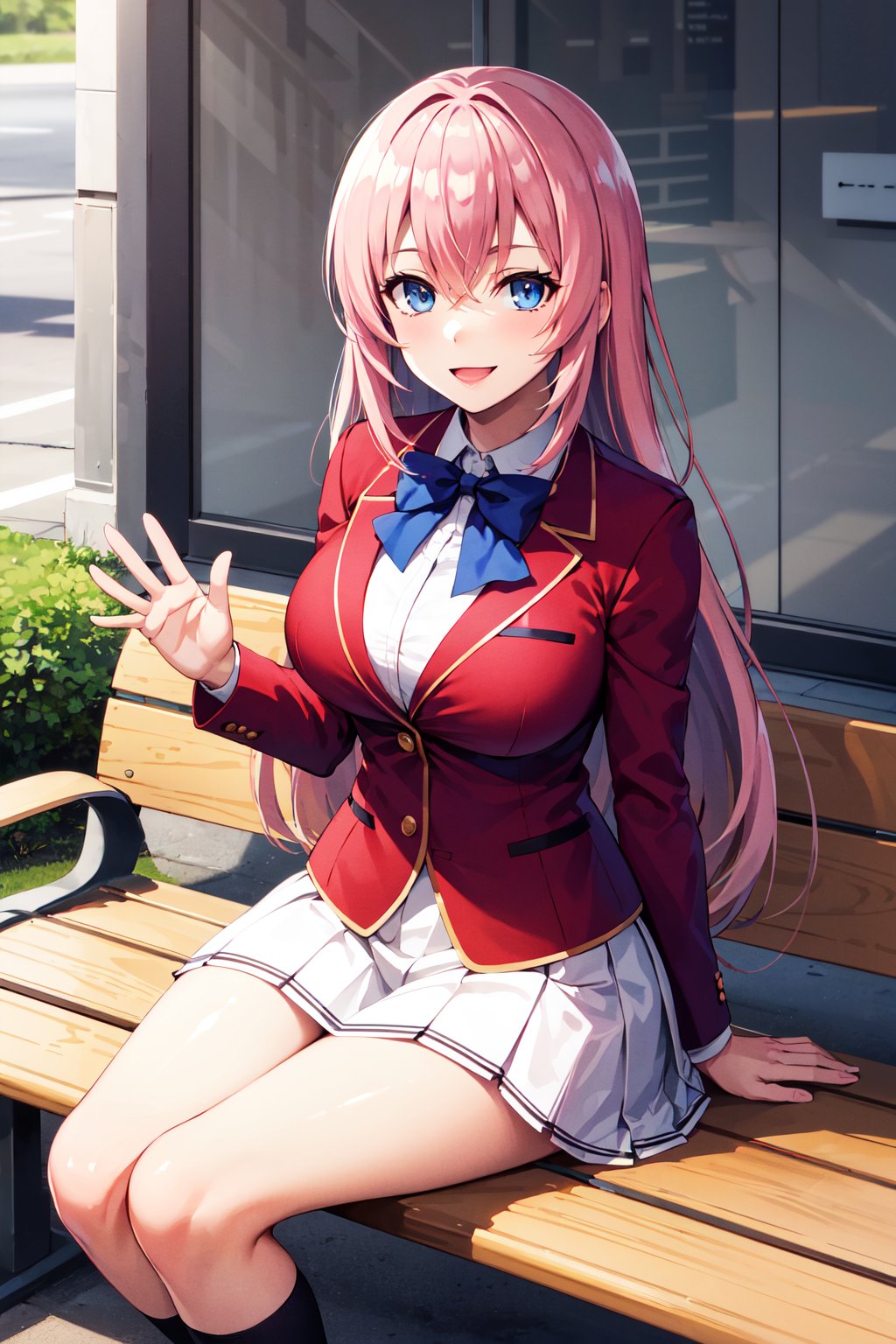 masterpiece, best quality, highres, aahonami, long hair, pink hair, blue eyes, school uniform, blue bowtie, blazer, red jacket, long sleeves, pleated skirt, white skirt, <lora:ichinose_honami_v1:0.7>, sitting, bench, smile, waving,