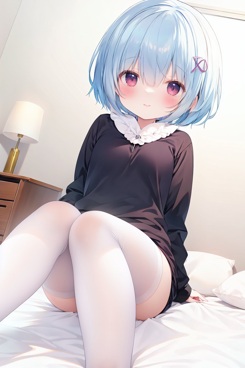 rem sitting on bed,legs raised,white stockings,bedroom background,<lora:kl-鬼针草V09:0.8>,