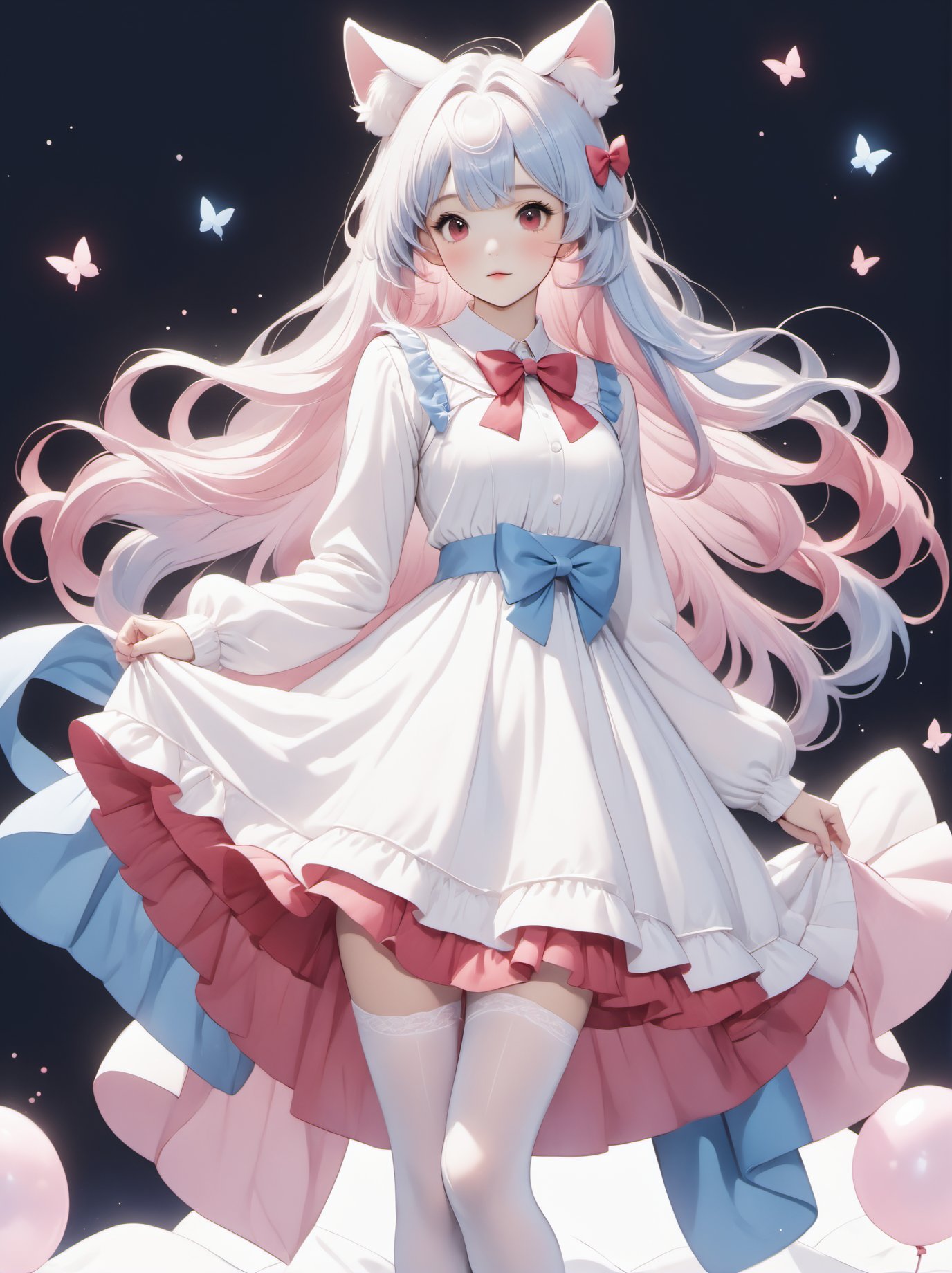 1girl, multiple colored hairs,hair,lovely,cute,posing,whole bodyblue bow,pink animal ears, red eyes, long hair, very long hair, long sleeves, solo, bow, hair between eyes, bangs, white dress, legwear,white hair,chest