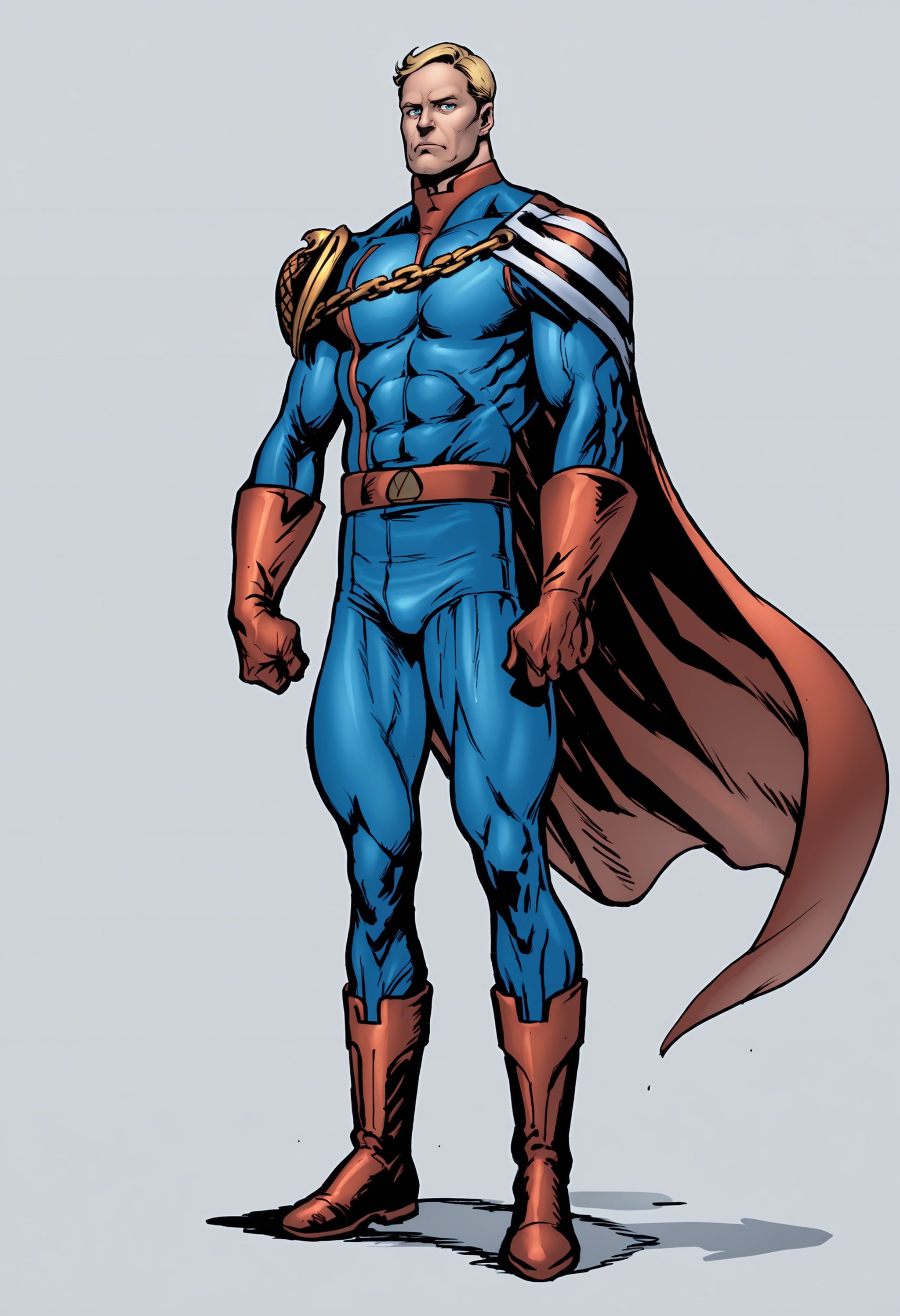 score_9, score_8_up, score_7_up, score_6_up, score_5_up, score_4_up, 1boy, <lora:HomelanderComics:0.9> male focus, solo, blonde hair, blue eyes, muscular, muscular male, superhero, cape, chain, bodysuit, gloves, boots, full body, standing,(light blue background), simple background,