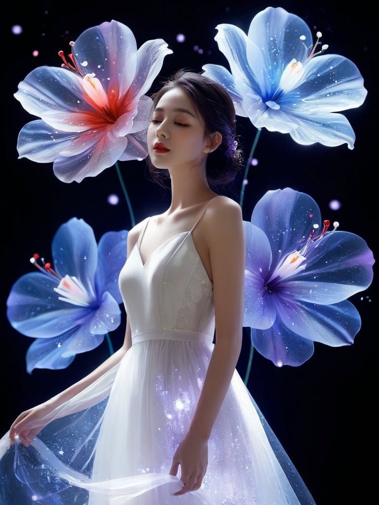 1 girl, standing, wearing a white dress, white flower, Giant Glowing transparent flowers background, black background, red flower, purple flower, blue flower, still life, light particles  <lora:Light flower:0.85>