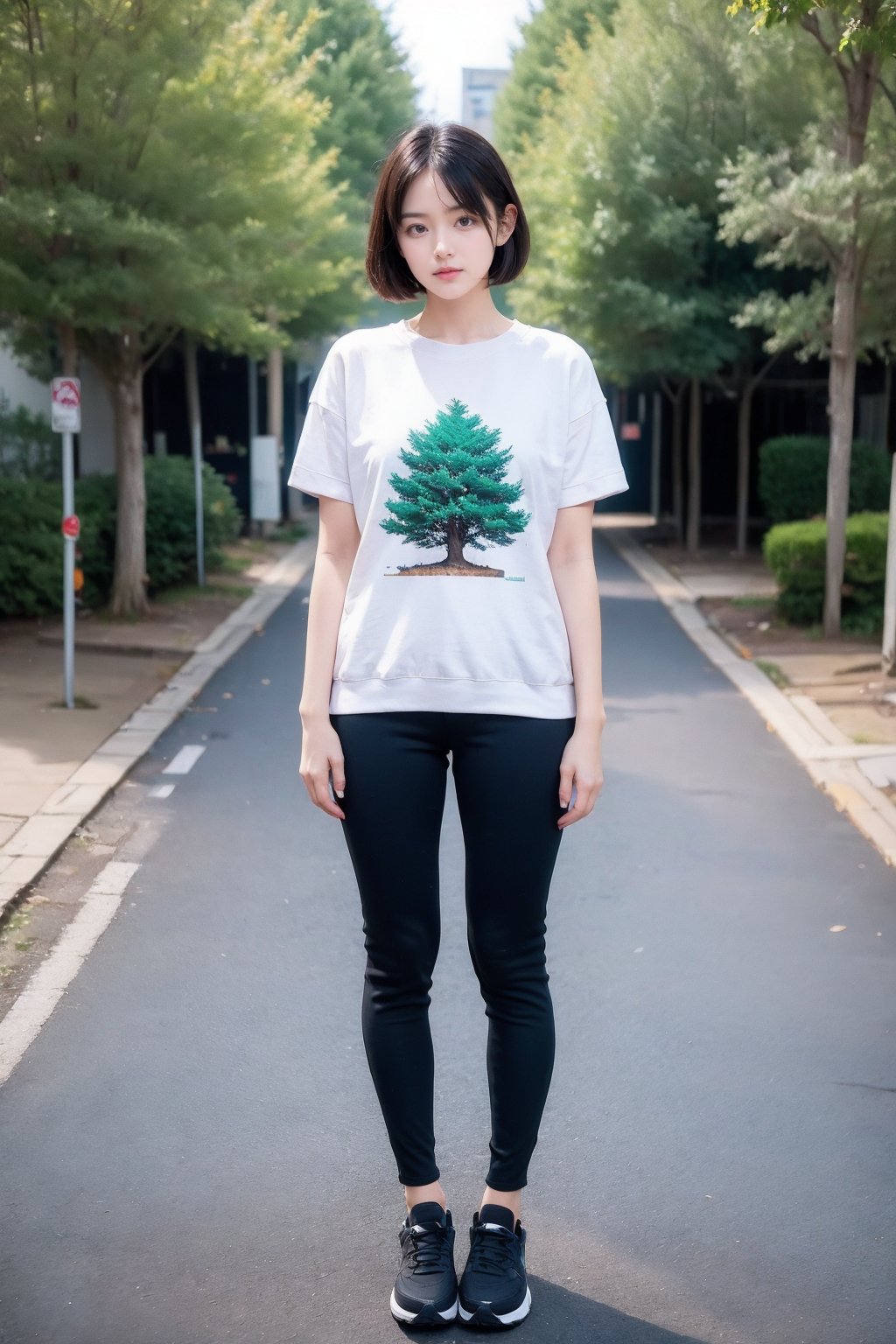 1girl, female focus, realistic, looking at viewer, outdoors, short sleeve sweatshirt pants, road, standing, tree, shoes, full body, solo focus, short hair, day, photorealistic, street,
