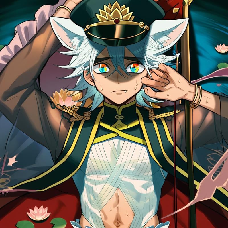 rainbow eyes, fang out, kimono, holding weapon, animal ears, tatara kogasa, toned male, black headwear, portrait, long sleeves, frills, navel, solo focus, frilled skirt, open jacket, holding hat, male focus, military hat, looking at viewer, :3, lotus, see-through sleeves, white leotard, sweat, bracelet