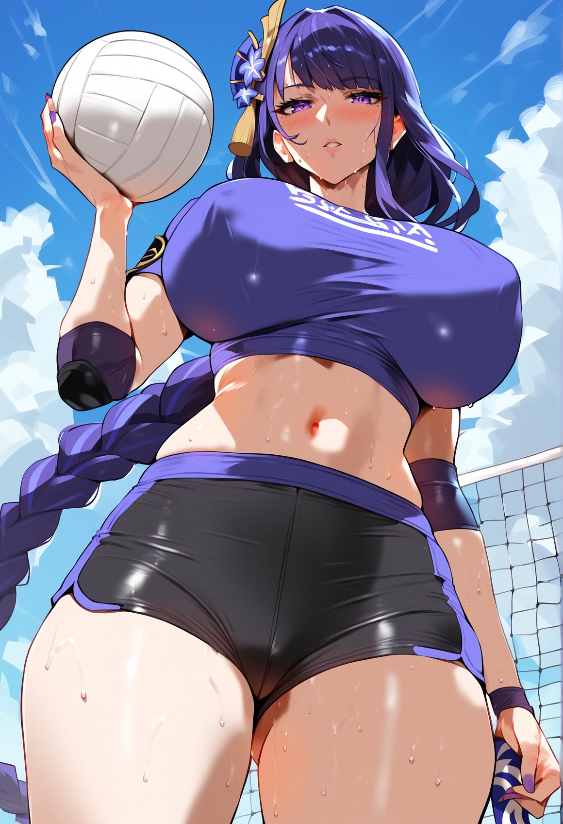 score_9, score_8_up, score_7_up, score_6_up, source_anime, <lora:CYR 0.1v:1>, raiden shogun, purple hair, purple eyes, breasts, sportswear, long hair, sweat, braid, large breasts, volleyball uniform, mole, braided ponytail, outdoors, huge breasts, shorts, looking at viewer, holding ball, hair ornament, volleyball, thighs, sky, cloud, bangs, holding, parted lips, mole under eye, holding ball, solo focus, short sleeves, blue sky, day, shirt, very long hair, elbow pads, standing, blue shirt, hair flower, black shorts, cowboy shot, blush, purple nails, 1girl, single braid, cloudy sky, nail polish