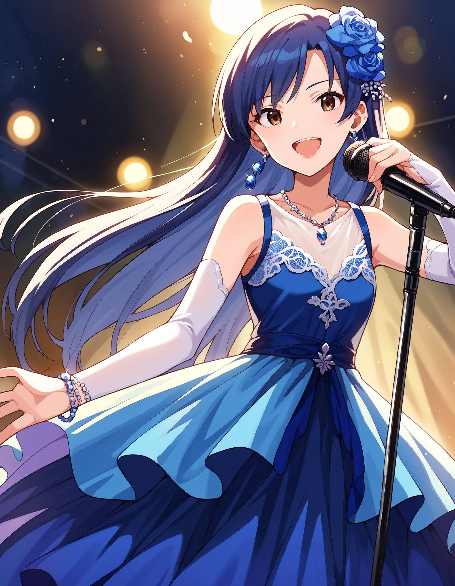 score_9, score_8_up, score_7_up, source_anime,1girl, solo, concert, singing, smile, serious, open mouth, microphone stand, blue stage, lace curtain, (smoke:1.2),  stage lights,  <lora:KisaragiChihaya_pony_v1:0.8>ksrgchy, very long hair, blue hair, bangs,  brown eyes, flat chest, luxury dress, blue dress, lace trim, sleeveless, elbow glove, hair ornament, hair flower,lipstick,  jewelry,  earrings, necklace, bracelet,