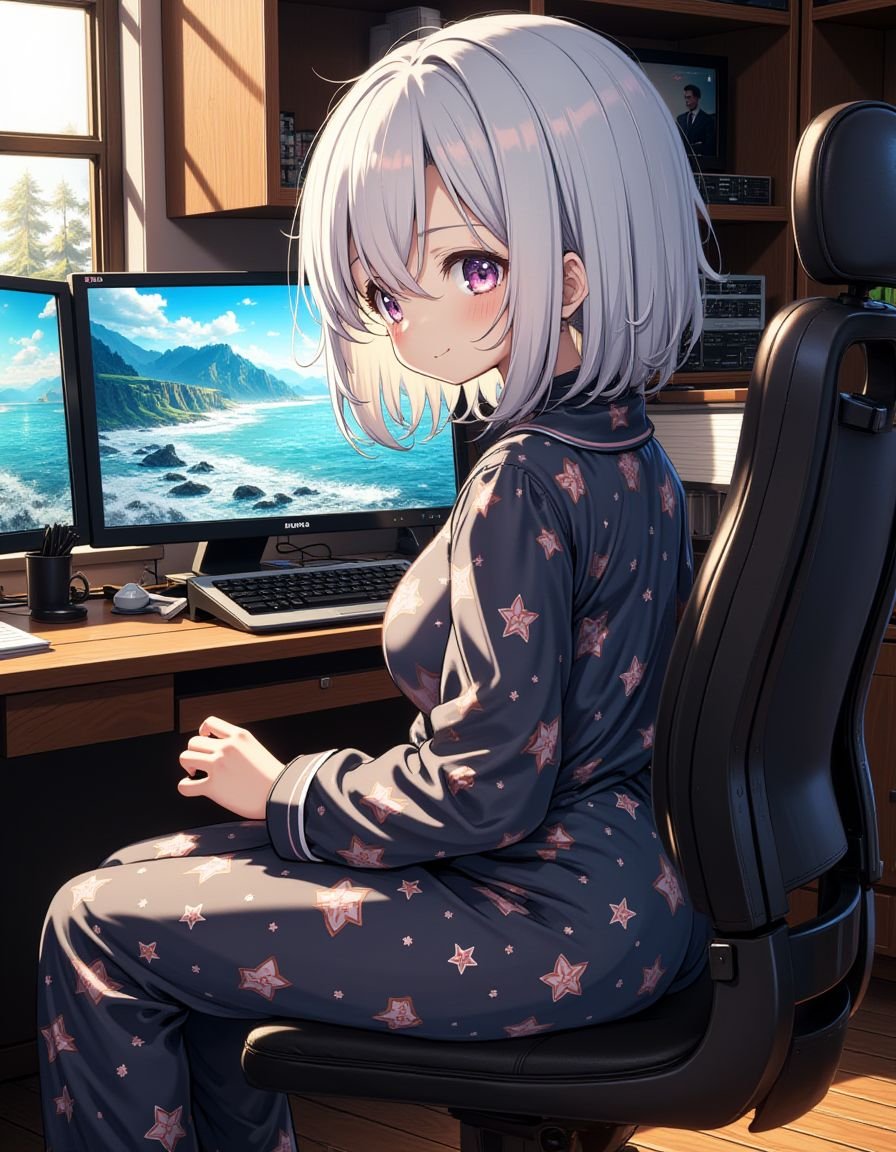 1girl sitting on chair in monitor room,pajamas,looking back, smile,