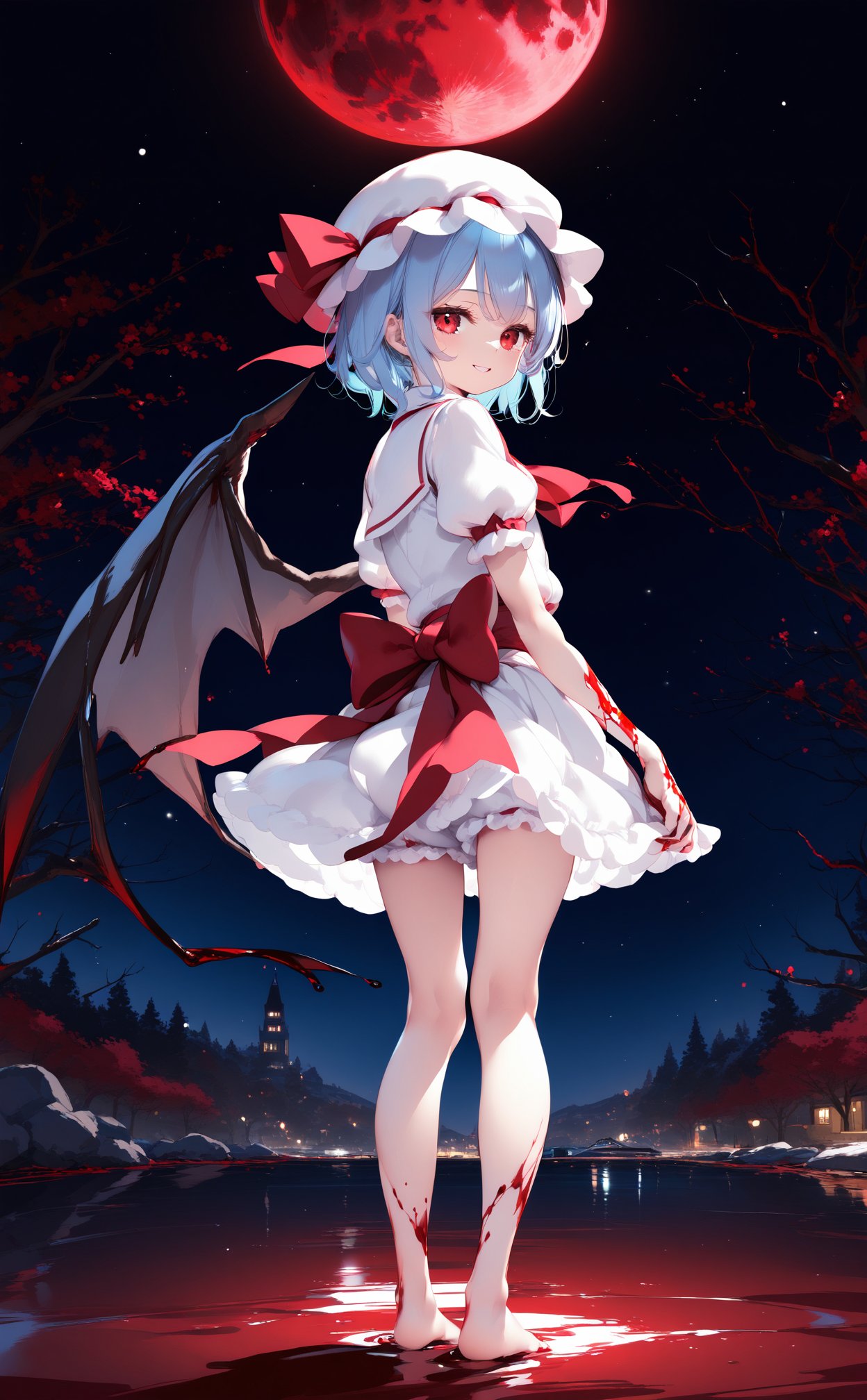 (masterpiece),(best quality),2023 Era,illustration,ultra detailed,hdr,Depth of field,(colorful),loli,1girl,ke-ta,ascot,bare tree,barefoot,bat wings,best quality,blood,blood on hands,bloomers,blue hair,frills,from behind,full body,full moon,hat,hat ribbon,looking at viewer,looking back,mob cap,moon,night,night sky,outdoors,pool of blood,puffy short sleeves,puffy sleeves,red eyes,red moon,red ribbon,remilia scarlet,ribbon,sash,shirt,short hair,short sleeves,skirt,skirt set,sky,smile,solo,standing,standing on liquid,star (sky),starry sky,tree,underwear,water,white bloomers,white skirt,wings,