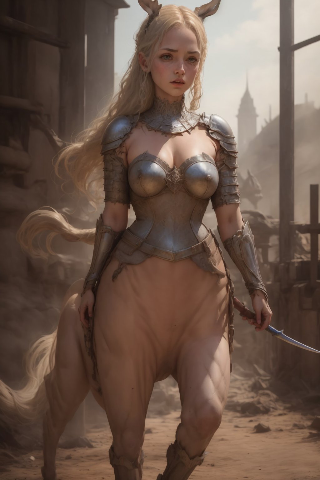 Best quality:1.1),(Realistic:1.1),(highly details:1.1),centaur,1girl,solo,<lora:centaur2:0.8>,Medieval Style,medieval,armor,bow \(weapon\),