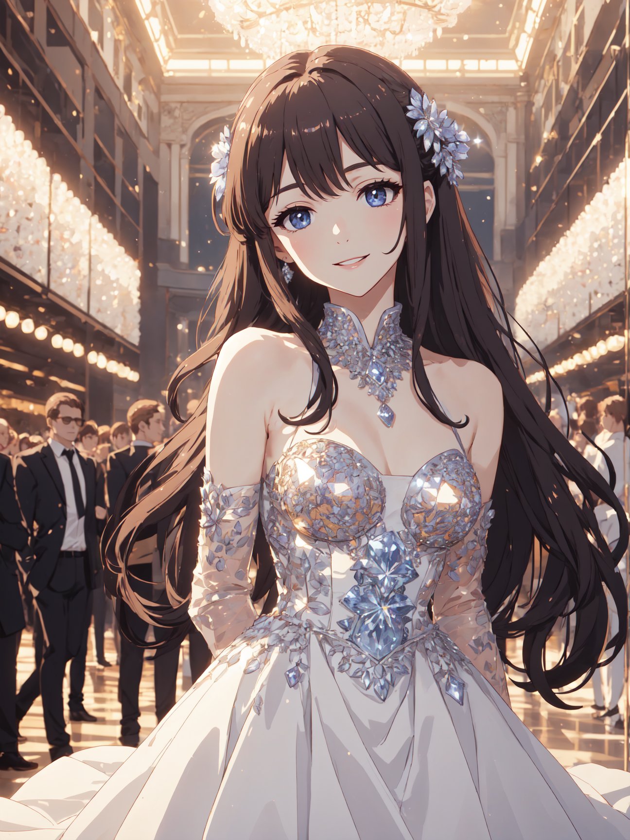 breathtaking 8k, masterpiece, (crystalline dress), <lora:crystalline_dress-1.0:0.8>, ball gown, head tilt, coquettish smile, crowd, bokeh, ballroom