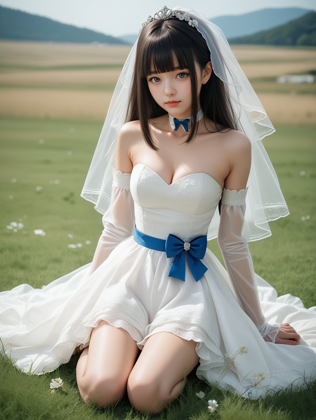 score_9, score_8_up, score_7_up,source_real,rating_explicit,BREAKlong hair, blunt bangs, hair bow, blue bow, veil, white choker, wedding dress, strapless, cleavage, detached sleeves, see-through sleeves, short skirt, bare legs, grass, sky