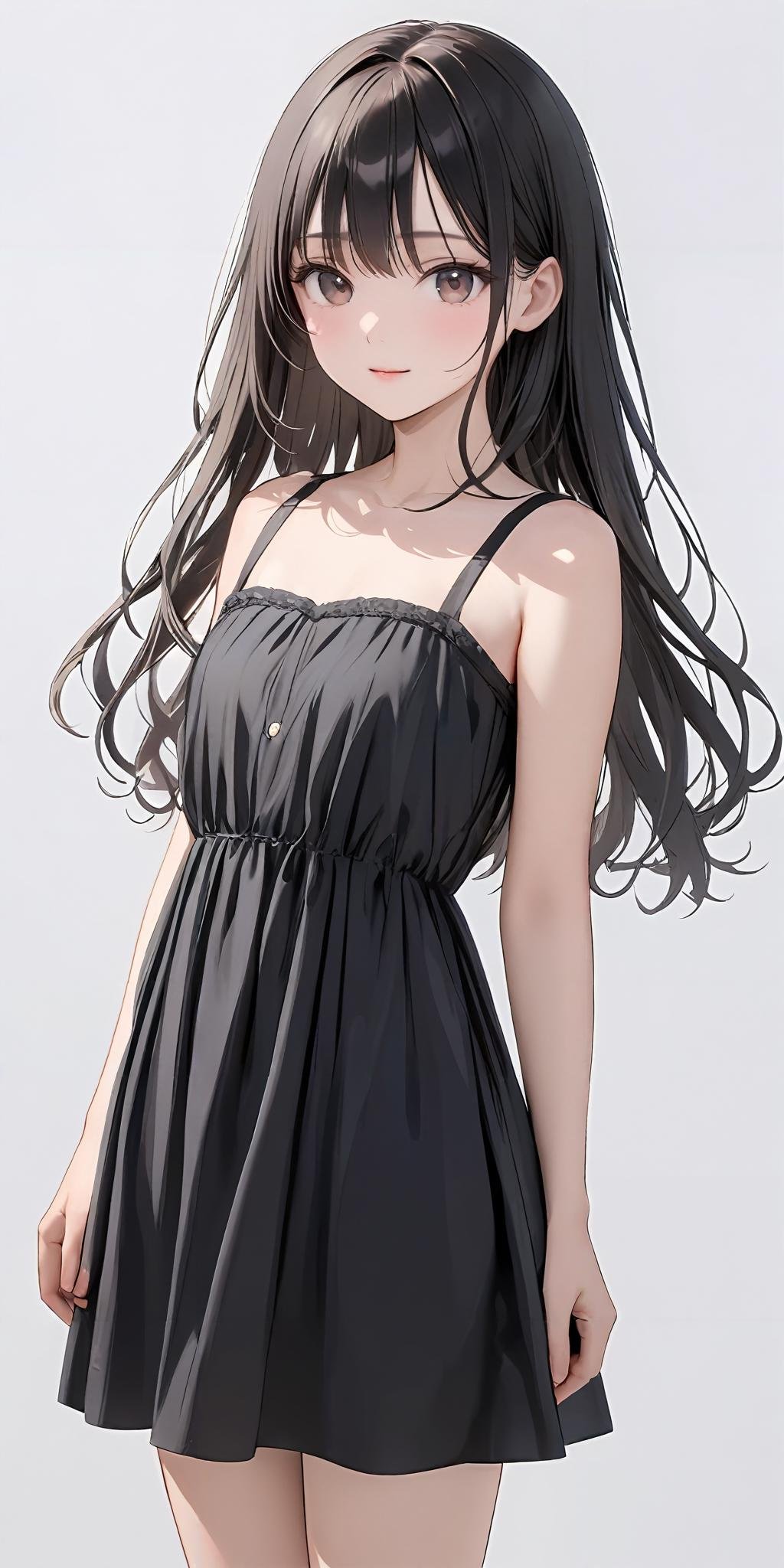 masterpiece,ultra-detailed,best quality,8K,illustration,cute face,clean skin ,shiny hair,girl,simple background <lora:add-detail-xl:1>   <lora:camisole dress_XL_V1.0:0.8>jyoji fuku, dress,bare shoulders