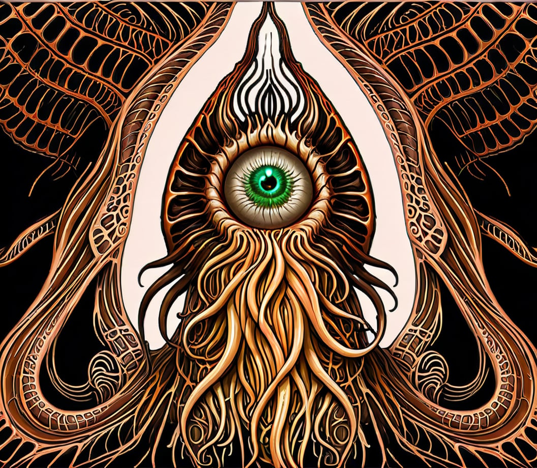 Cthulhu terror,abstract,digital art,surreal,biomorphic,tentacles,eye,organic textures,fractal,brown tones,green eye,intricate patterns,eerie,fantasy,high-resolution image,vertical composition,artist signature,glowing elements,depth,alien-like forms,symmetrical design,cthulhu mythos,lovecraftian horror,<lora:kesulu-10:0.6>,