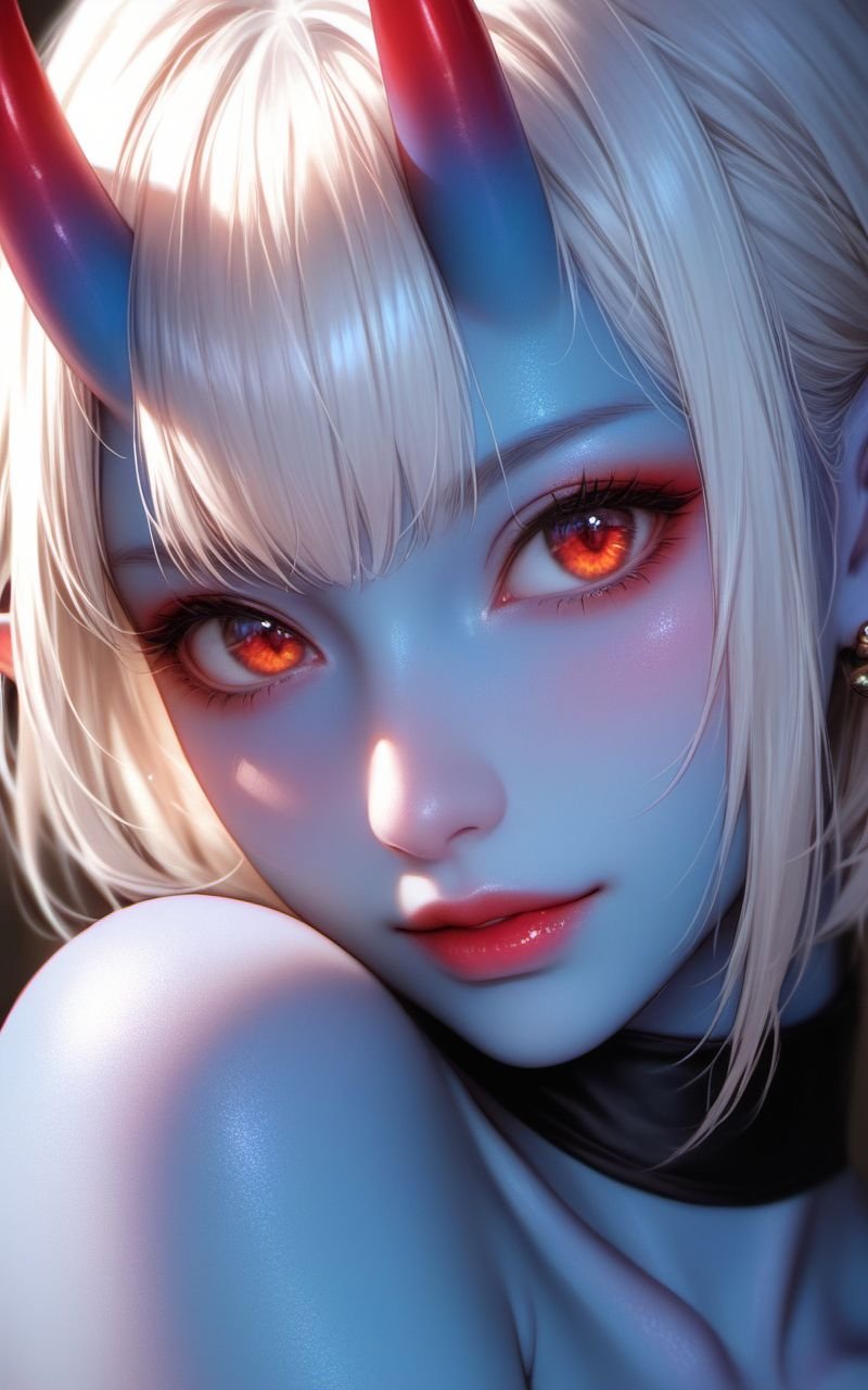 score_9,score_8_up,score_7_up,source_anime,Close-up details, realistic style photo of Soukaku, demon girl, (colored skin), (blue skin:1.5), oni horns, white hair, short hair, red eyes, pointy ears, ear piercing, outstanding style, tall, cute, in her teens, soft lighting to cast gentle shadows on the subject, 