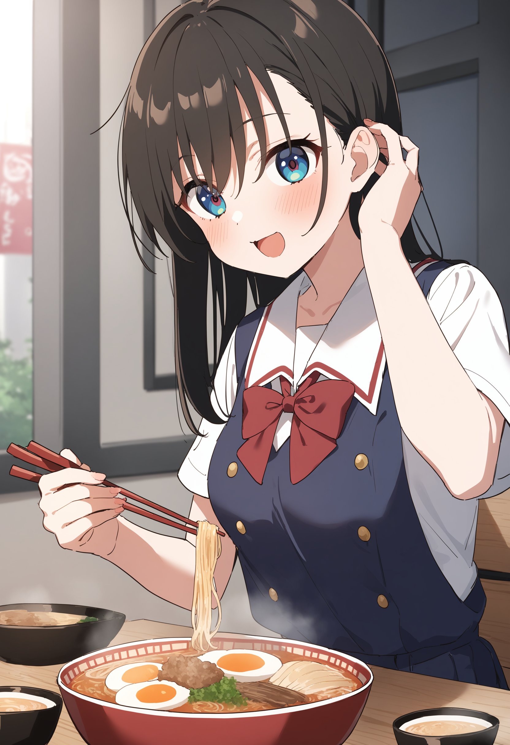 1girl,sincos, ningen mame, toosaka asagi,solo,medium breasts,school uniform,tucking hair, tucking hair, hand up, hair tucking, hand in hair, adjusting hair,<lora:tuckinghair_XL_v1:0.7>ramen, chopsticks, eating, smile, happy, open mouth,best quality, very aesthetic, absurdres,