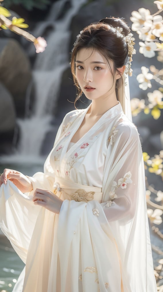 Chinese hanfu,An ancient Chinese girl,Dressed in flowing Hanfu,The clothes are fluttering.,It is embroidered with delicate and elegant patterns,Long hair **** a waterfall,Pull it up with a classical hairpin,Have a good face,Cherry mouthful,Elegant posture,Surrounded by flowers,The overall tone is light and pastel,The temperament is gentle and elegant,The skin is fair and delicate,