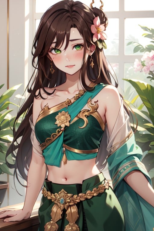 thai dress, green eyes, hair ornament, collarbone, blush, flower, closed mouth, brown hair, midriff, very long hair, skirt, <lora:277e6780-7e4d-4bce-95ee-cf4a7da9bd59:0.7>