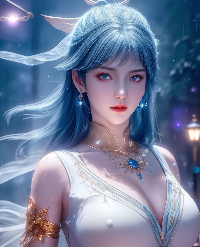 <lora:斗罗大陆-唐舞桐-海神缘:0.8>　　1girl, solo, blue hair, blue eyes, hair ornament, sparkle, looking at viewer,  (,1girl, ,best quality, ),looking at viewer, ,ultra detailed 8k cg, ultra detailed background,  ultra realistic 8k cg,          cinematic lighting, cinematic bloom, (( , )),,  , unreal, science fiction,  luxury, jewelry, diamond, pearl, gem, sapphire, ruby, emerald, intricate detail, delicate pattern, charming, alluring, seductive, erotic, enchanting, hair ornament, necklace, earrings, bracelet, armlet,halo,masterpiece, (( , )),,  ,cherry blossoms,(((, night,night sky,lamppost,  ultra high res, (photorealistic:1.4), raw photo, 1girl, , rain, sweat, ,wet, )))(( , ))   (cleavage), (),