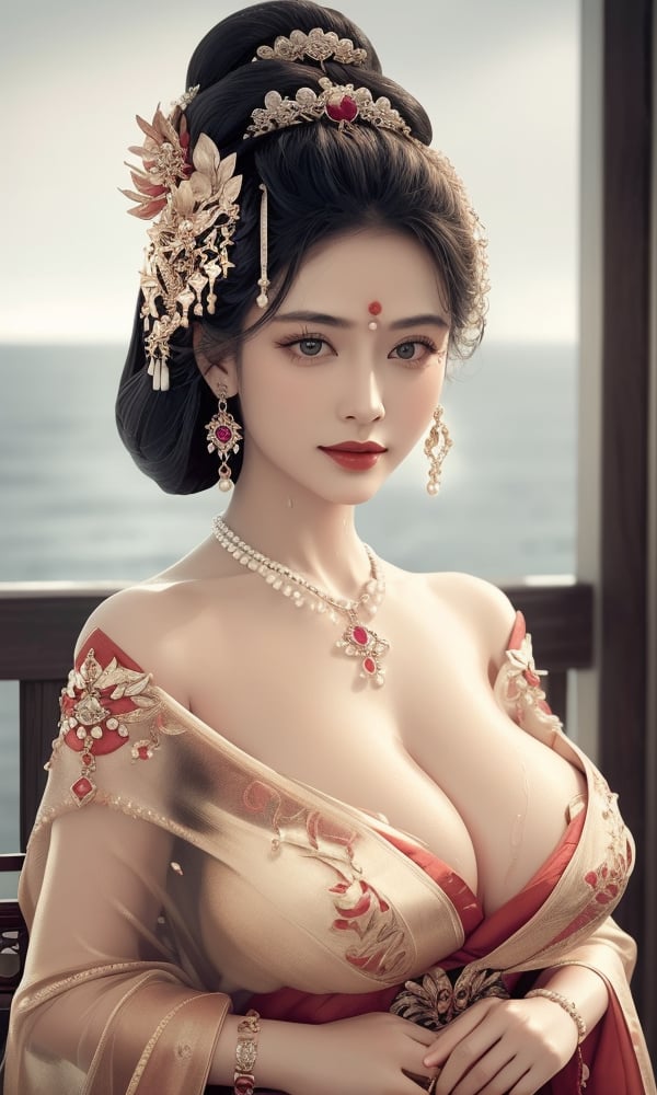 <lora:391-DA-国风-抹胸汉服:0.8> ,(,1girl, ,best quality, ),looking at viewer, ,ultra detailed 8k cg, ultra detailed background, ultra realistic 8k cg,  ,masterpiece((((1girl, solo,  , ,solo focus, wet,sweat, ocean,rain, water drop, )))) (, , sweatdrop, flying sweatdrops, sweating profusely,colorful drop \(module\), ) flawless, clean, masterpiece, professional artwork, famous artwork, cinematic lighting, cinematic bloom,  dreamlike, unreal, science fiction, luxury, jewelry, diamond, gold, pearl, gem, sapphire, ruby, emerald, intricate detail, delicate pattern, charming, alluring, seductive, erotic, enchanting, hair ornament, necklace, earrings, bracelet, armlet,halo, , jewelry, necklace, solo, , , , hair_ornament, , earrings,gigantic breasts, 