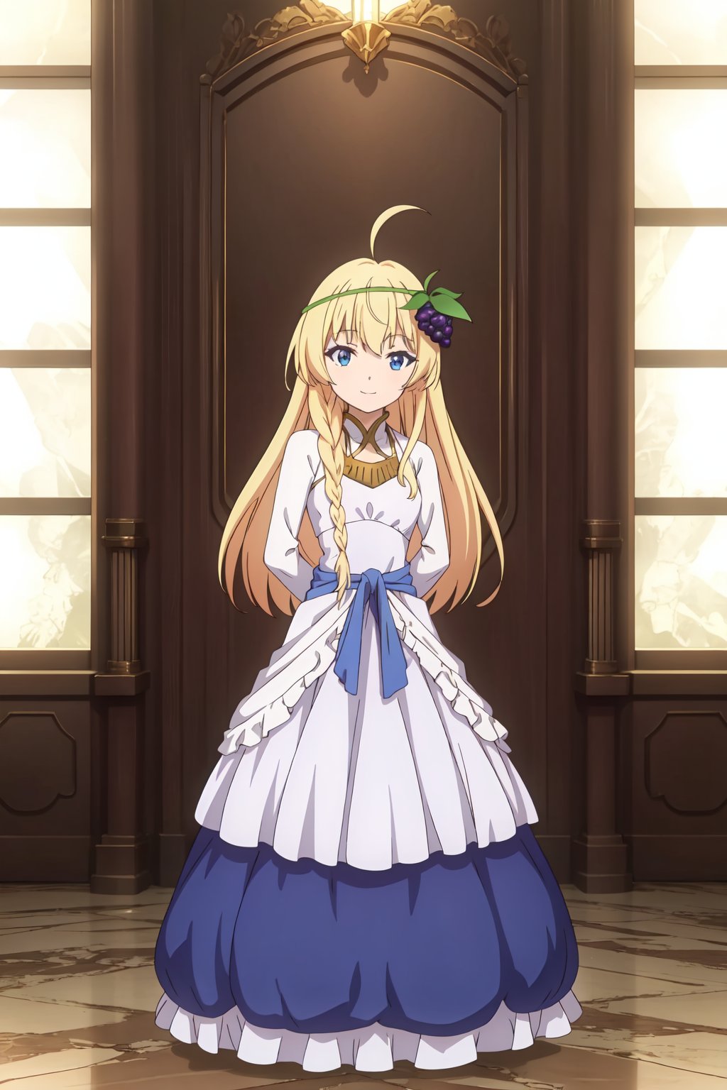 Iris, 8k, high resolution, very high resolution, high definition, masterpiece, 1 girl, alone, long hair, looking at viewer, smile, blue eyes, blonde hair, hair ornament, dress, jewelry, full body, braid, ahoge, food, white dress, fruit, ruffled dress, v arms, food-themed hair decorations, grapes<lora:EMS-415403-EMS:0.800000>