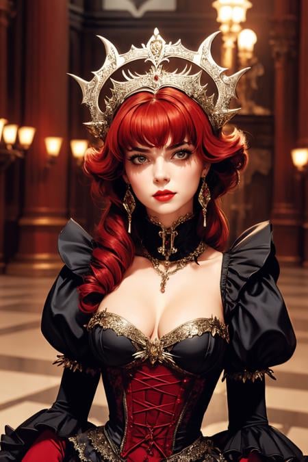 cinematic film still 1girl, solo, photogenic beautiful adult woman, vampire queen, h4lo, cleavage, chains, auburn hair, halo headpiece, (happy), waist, age 30, grand hall, <lora:HaloHeadpiece-30:0.8>, BREAK,  gothic fashion ballgown, collar, puffy sleeves, jewelry, earrings, full body, (screengrab from bram stoker's dracula) . shallow depth of field, vignette, highly detailed, high budget, bokeh, cinemascope, moody, epic, gorgeous, film grain, grainy