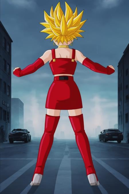 source_anime, score_9, score_8_up, score_7_up, anime screencap,bulla, super saiyan, 1girl, solo, blonde hair, green eyes, spiked hair, ground vehicle, motor vehicle, hands on hips, red hairband, car, bare shoulders, eyebrows, hoop earrings, eyelashes, bridal gauntlets, elbow gloves, red gloves, fingerless gloves, crop top, red crop top, midriff, skirt, red skirt, thigh boots, red footwear, clenched hands, choker, collarbone, frown, looking to the side, belt, pointy nose, standing, v-shaped eyebrows, leather, fighting stance, from above, rain, night, from behind,  <lora:bulla_pony_v1:0.7>