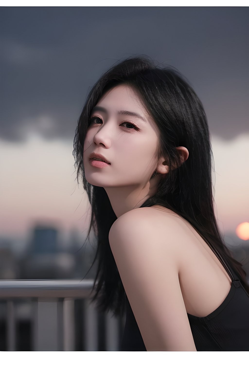 <lora:0830_01:0.7>,Frontal photography,Look front,evening,dark clouds,the setting sun,On the city rooftop,A 20 year old female,Black top,Black Leggings,black hair,long hair,dark theme,muted tones,pastel colors,high contrast,(natural skin texture, A dim light, high clarity) ((sky background))((Facial highlights)),, 1girl,realistic,masterpiece, best quality, photorealistic, HDR,detail