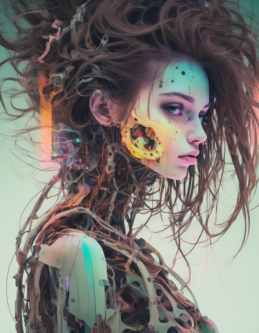 photograph, Biomechanical [Silky:good-looking:12] "Holomancer", at Twilight, designed by Conrad Roset, (Bastien Lecouffe-Deharme:0.8) , Wonder, Glitch Art, Long exposure, Nikon d3300, L USM, Olive neon hue