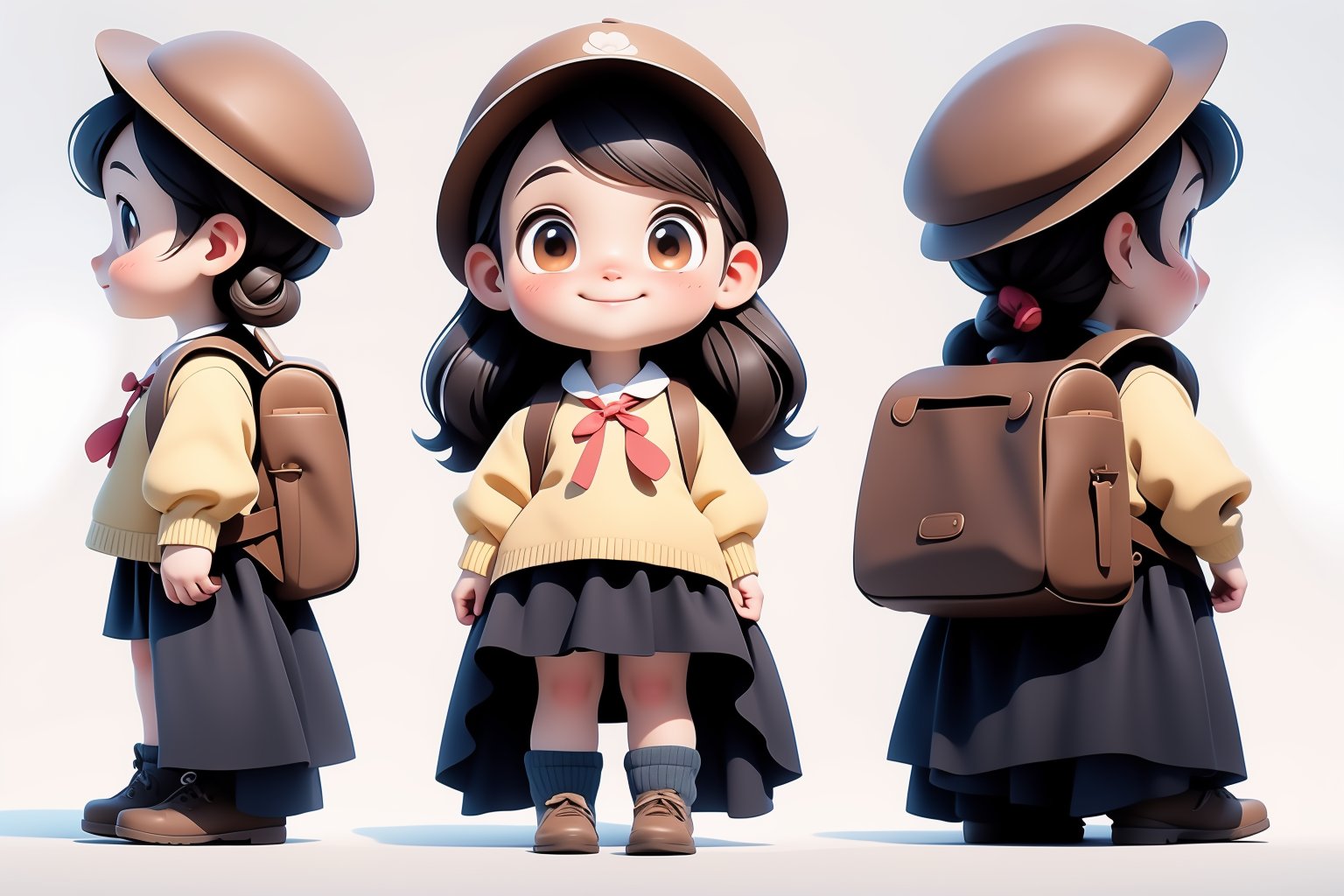 1 girl,female focus,hat,short skirt,brown long hair,brown shoes,socks,watch,backpack,shirt,smile,bag,standing,brown eyes,whole body,watch,simple background,white socks,white background,silver,shadow,sleeves,(masterpiece:1.2),best quality,high-level,extremely detailed CG,perfect lighting,8k wallpaper,<lora:kong_三视图:IND>,three views,kawaii,