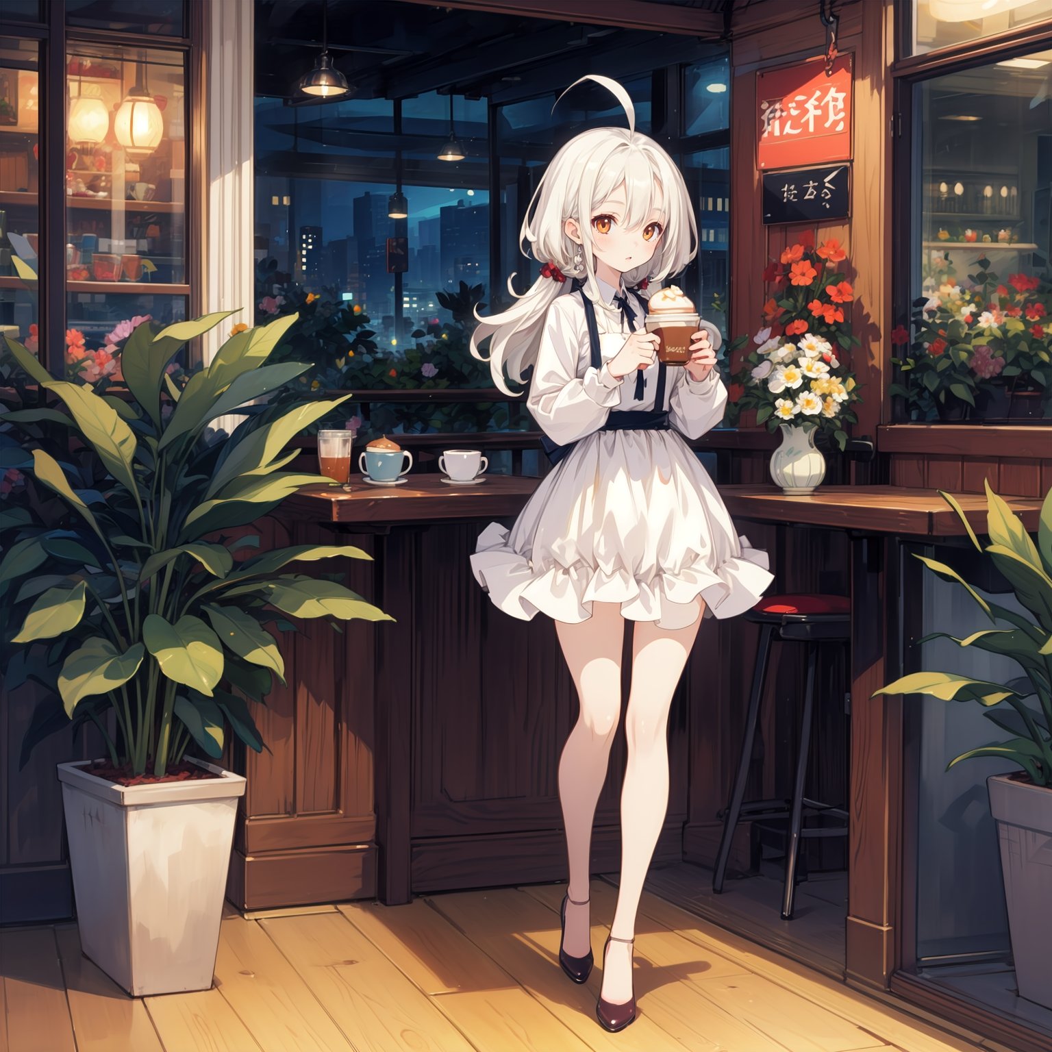 (masterpiece,4k, best quality,slim,thin,skinny), 1girl,pale skin,white hair,parted bangs, messy cafe,holding coffee cup,against window,full body,Vase,potted plant,menu,ahoge,flower,heels,