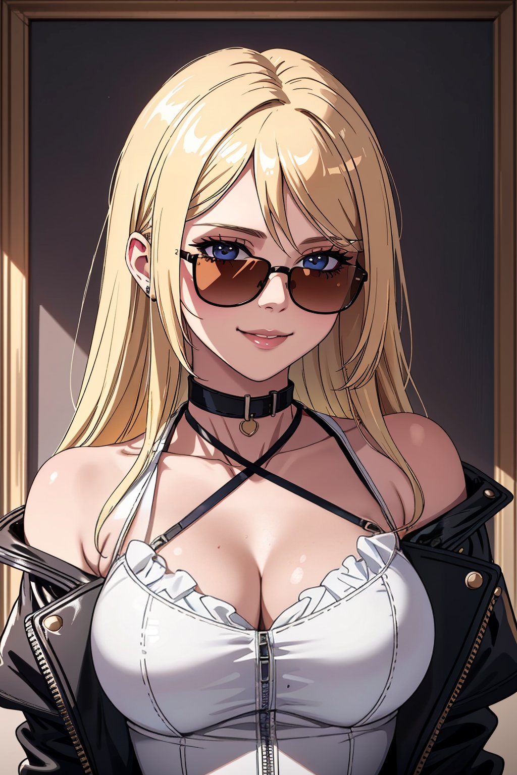 ((Masterpiece, best quality,edgQuality)),smile,(portrait,face focus)Blonde Nadia with sunglasses and a choker,leather jacket,white shirt<lora:Ultimate_Nadia:0.5>edgCCH, breasts,collarbone, halterneck ,criss-cross halter <lora:edgCrissCrossHalter:1>